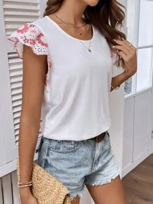 SHEIN LUNE Contrast Guipure Lace Butterfly Sleeve Tee - White - View 3