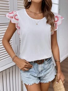 SHEIN LUNE Contrast Guipure Lace Butterfly Sleeve Tee - White - View 4