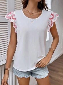 SHEIN LUNE Contrast Guipure Lace Butterfly Sleeve Tee - White - View 5