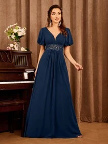 Rochie de domnișoară de onoare cu mâneci bufante cu broderie - Albastru marin - Vizualizare 1