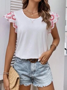 SHEIN LUNE Contrast Guipure Lace Butterfly Sleeve Tee - White - View 6