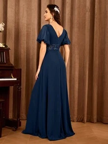 Rochie de domnișoară de onoare cu mâneci bufante cu broderie - Albastru marin - Vizualizare 2