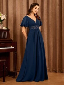 Rochie de domnișoară de onoare cu mâneci bufante cu broderie - Albastru marin - Vizualizare 3