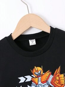 SHEIN Chàng trai trẻ Người máy In Đơn giản Tiếng Anh Sọc Giải trí Tay áo dài Áo nỉ Đối với Mùa thu - màu đen - Xem 3