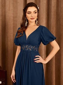 Rochie de domnișoară de onoare cu mâneci bufante cu broderie - Albastru marin - Vizualizare 4