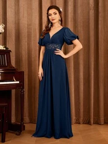 Rochie de domnișoară de onoare cu mâneci bufante cu broderie - Albastru marin - Vizualizare 5