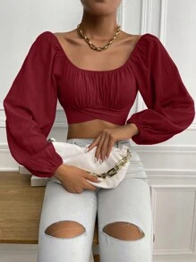 Chiquease Ruched Bust Lantern Sleeve Crop Blouse,Long Sleeve Tops Fall Cloth For Women