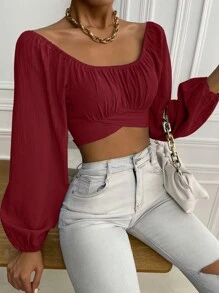 Chiquease Ruched Bust Lantern Sleeve Crop Blouse,Long Sleeve Tops Fall Cloth For Women