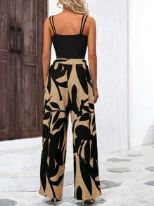 Breezaya 素色吊帶上衣和圖案印花闊腿褲 - 棕色 - 查看 2