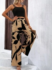 Breezaya 素色吊帶上衣和圖案印花闊腿褲 - 棕色 - 查看 5