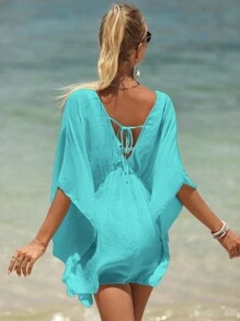 SHEIN Swim Áo che Nữ Thắt nơ trước màu trơn - Màu xanh ngọc - Xem 2