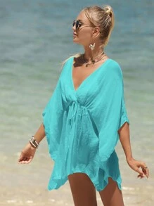 SHEIN Swim Áo che Nữ Thắt nơ trước màu trơn - Màu xanh ngọc - Xem 3