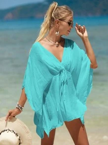 SHEIN Swim Áo che Nữ Thắt nơ trước màu trơn - Màu xanh ngọc - Xem 5