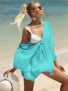 SHEIN Swim Áo che Nữ Thắt nơ trước màu trơn - Màu xanh ngọc - Xem 6
