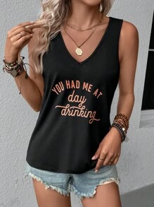 SHEIN LUNE Ladies Black Tank Top With Music Festival-Inspired Letter Design, Summer YOU HAD ME AT Day Drinking - Black - View 5