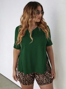 SHEIN LUNE Plus Solid Tee & Leopard Print Biker Shorts - Green - View 4
