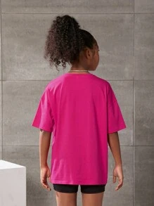 SHEIN 女孩標語圖案落肩T恤 - 玫紅色 - 查看 2