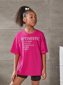 SHEIN 女孩標語圖案落肩T恤 - 玫紅色 - 查看 3