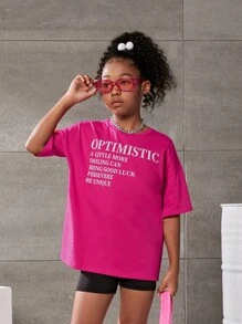 SHEIN 女孩標語圖案落肩T恤 - 玫紅色 - 查看 6