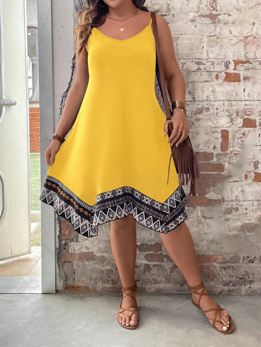 SHEIN Holidaya 大碼幾何印花手帕下擺吊帶連衣裙 - 黃色 - 查看 1