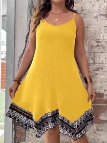 SHEIN Holidaya 大碼幾何印花手帕下擺吊帶連衣裙 - 黃色 - 查看 4