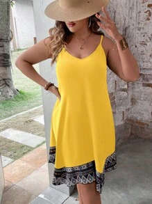 SHEIN Holidaya 大碼幾何印花手帕下擺吊帶連衣裙 - 黃色 - 查看 5