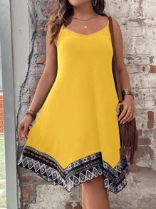 SHEIN Holidaya 大碼幾何印花手帕下擺吊帶連衣裙 - 黃色 - 查看 6