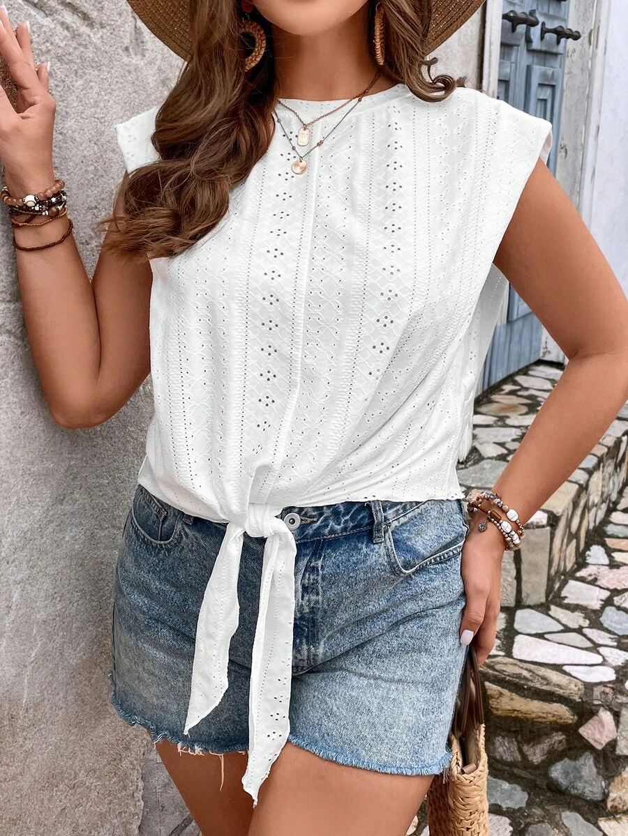 SHEIN VCAY Áo thun Plus size Thắt nút Tranh thêu màu trơn Giải trí - trắng - Xem 1