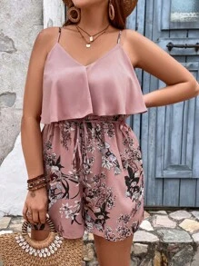 SHEIN VCAY Plus Floral Print Belted Cami Summer Boho Romper - Multicolor - View 3