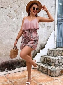 SHEIN VCAY Plus Floral Print Belted Cami Summer Boho Romper - Multicolor - View 4