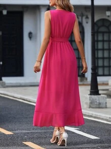 Chiquease 素色荷葉邊腰帶圍裹洋裝 - 玫紅色 - 查看 2