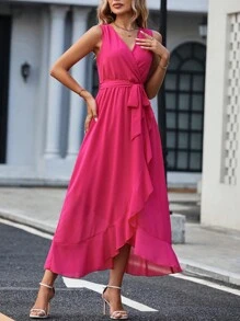 Chiquease 素色荷葉邊腰帶圍裹洋裝 - 玫紅色 - 查看 3