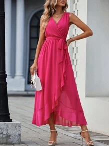 Chiquease 素色荷葉邊腰帶圍裹洋裝 - 玫紅色 - 查看 6