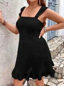 SHEIN VCAY Hơn Chất rắn Xù Hoa Sen Váy Dây - màu đen - Xem 5
