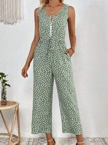 SHEIN LUNE 斑點印花前打結闊腿連體褲 - 薄荷綠 - 查看 3
