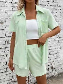 SHEIN LUNE 素色前紐扣上衣和短褲 - 薄荷綠 - 查看 1