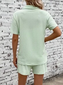 SHEIN LUNE 素色前紐扣上衣和短褲 - 薄荷綠 - 查看 2
