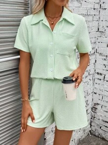 SHEIN LUNE 素色前紐扣上衣和短褲 - 薄荷綠 - 查看 5