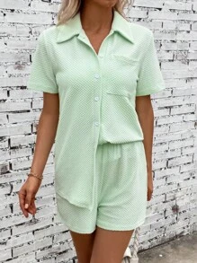 SHEIN LUNE 素色前紐扣上衣和短褲 - 薄荷綠 - 查看 6