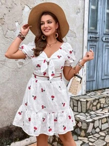 SHEIN VCAY Hơn Cherry thêu Nút phía trước Top Cây trồng & Xù Hoa Sen Váy - Đỏ và trắng - Xem 5