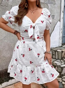SHEIN VCAY Hơn Cherry thêu Nút phía trước Top Cây trồng & Xù Hoa Sen Váy - Đỏ và trắng - Xem 7