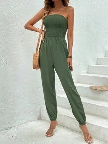 SHEIN VCAY Áo liền quần nữ Lộ Lưng Dải chun màu trơn Giải trí - xanh quân đội - Xem 3