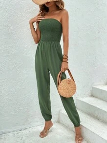 SHEIN VCAY Áo liền quần nữ Lộ Lưng Dải chun màu trơn Giải trí - xanh quân đội - Xem 5