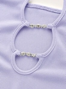 SHEIN ICON Chain Detail Cut Out Tie Backless Halter Unitard Romper - Lilac Purple - View 3