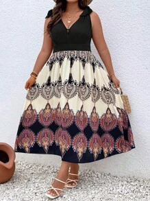 SHEIN Clasi 大碼圖案印花肩上打結洋裝 - 彩色 - 查看 3