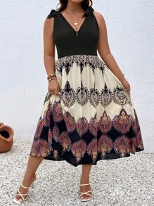 SHEIN Clasi 大碼圖案印花肩上打結洋裝 - 彩色 - 查看 4