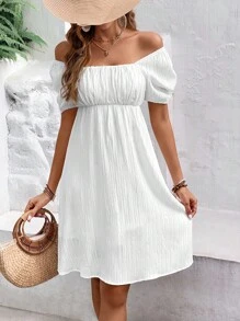 Breezaya 一字肩胸部褶皺連衣裙 - 白色 - 查看 2