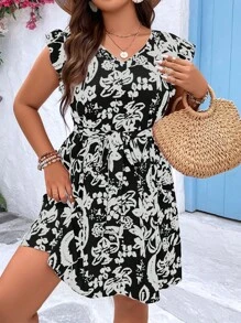 SHEIN LUNE Plus Floral Print Ruffle Trim Belted Dress - Black and White - View 1