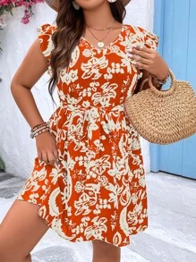SHEIN LUNE Talla grande Vestido con cinturón con estampado floral ribete con fruncido - Naranja Quemada - Ver 1
