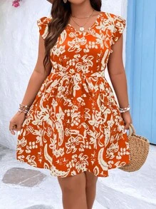 SHEIN LUNE Talla grande Vestido con cinturón con estampado floral ribete con fruncido - Naranja Quemada - Ver 3
